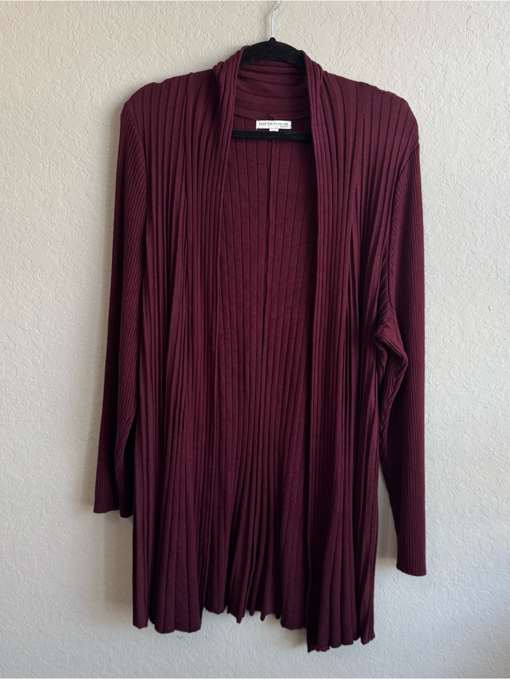 Notations Plus Size 2X Burgundy Plissé Pleated Long Sleeve Cardigan
